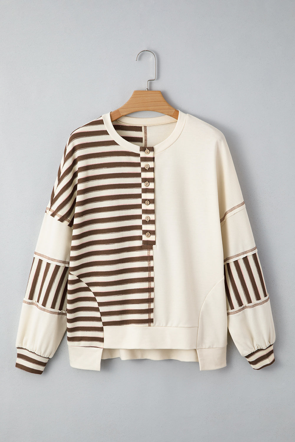 Khaki Striped Patchwork Oversized Pullover Top