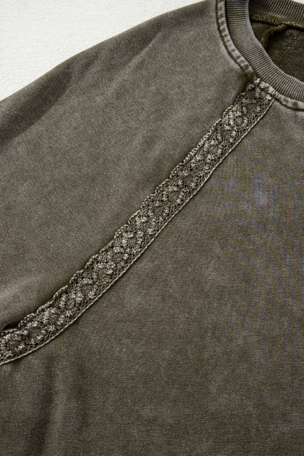 Sail Blue Lace Applique Notched Neck Mineral Wash Baggy Sweatshirt