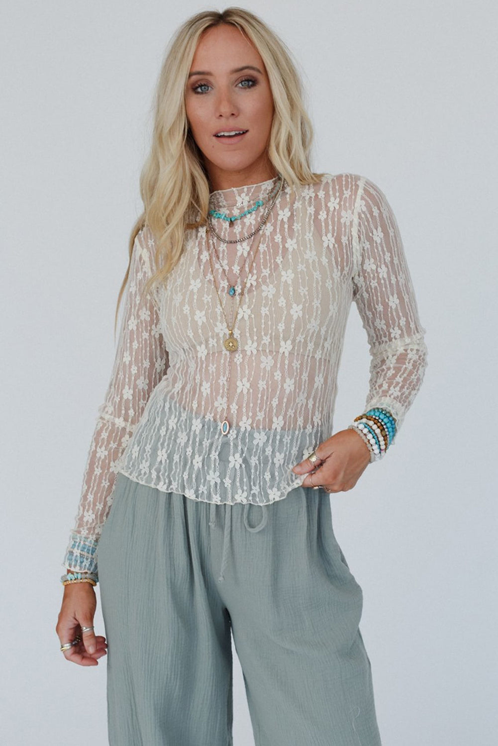 Black Sheer Floral Lace Long Sleeve Slim Fit Top