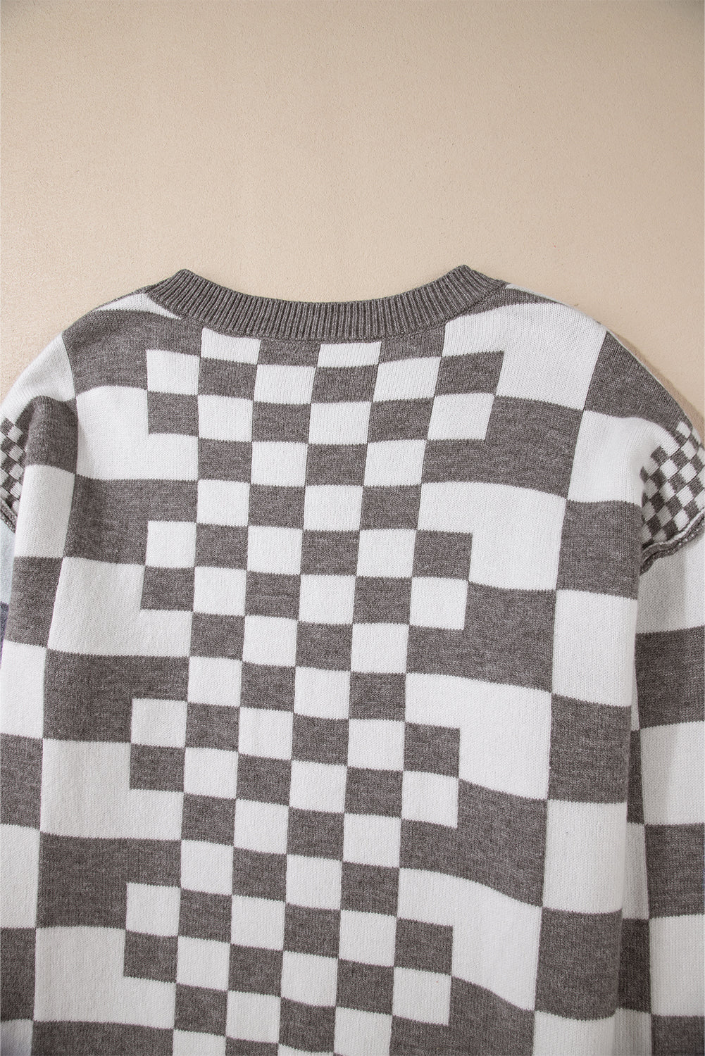 Brown Checkered Drop Shoulder Round Neck Sweater