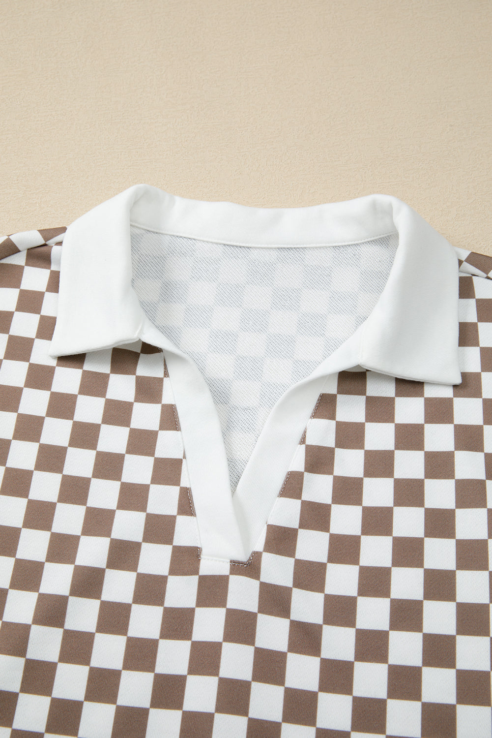Khaki Checkered Print Polo Collar Long Sleeve Top Drawstring Mini Skirt Set