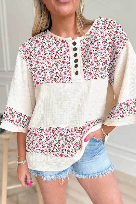 Red Floral Print Crinkle Patchwork Henley Blouse