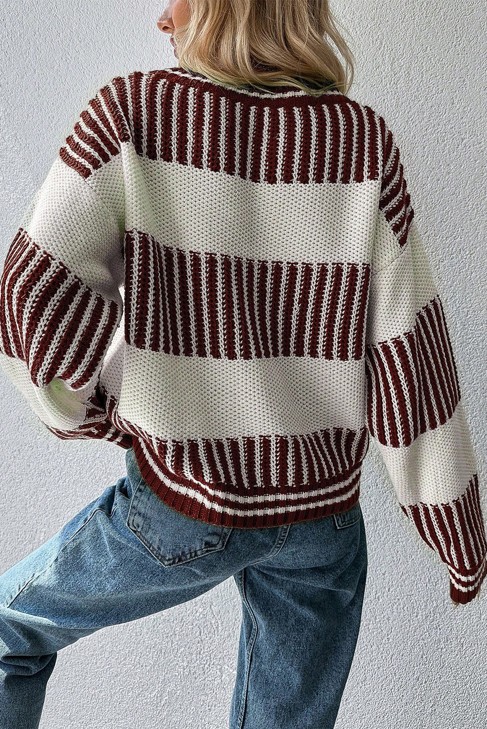 Brown Two Tone Striped Patchwork Drop Shoulder Sweater
