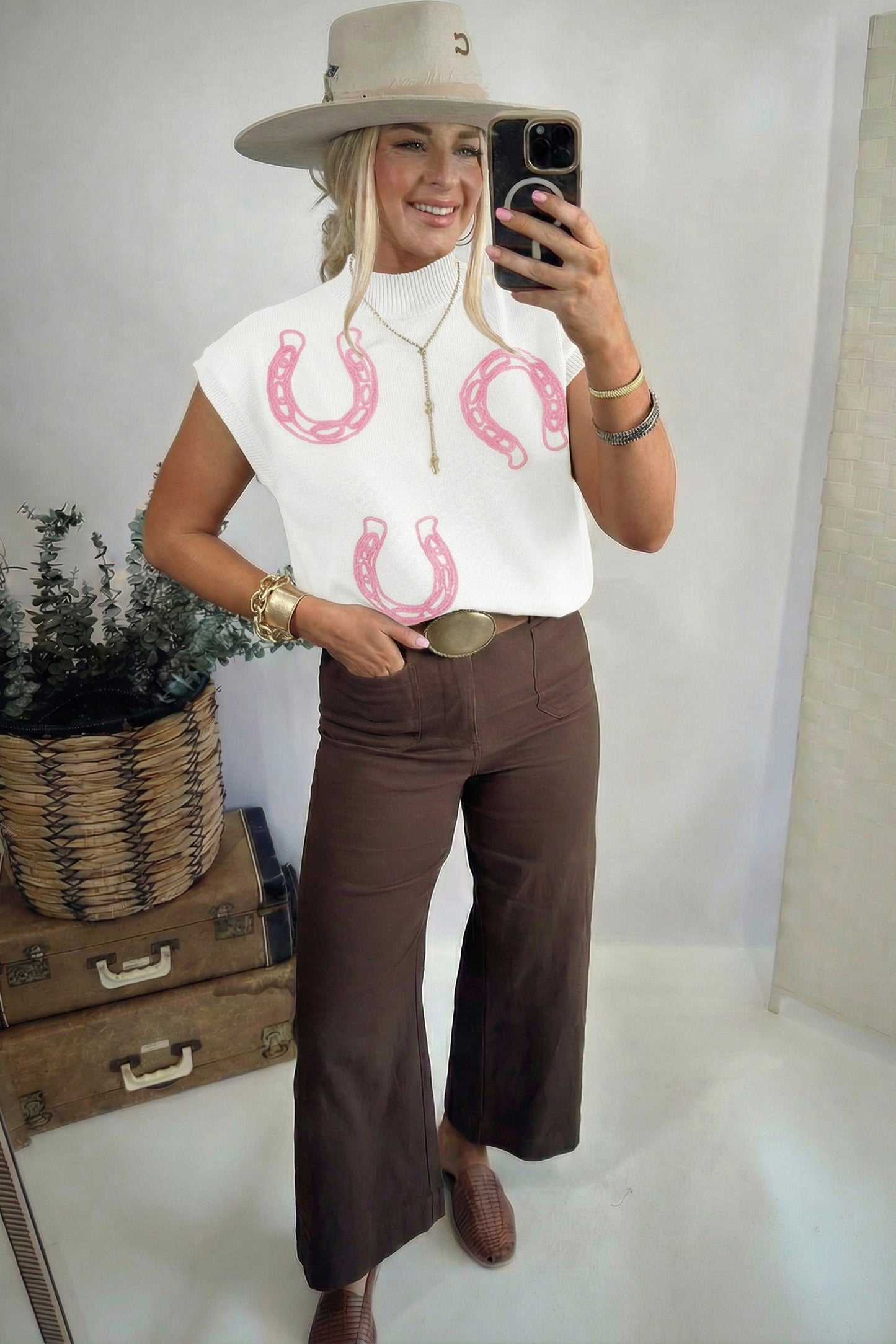 Bright Corded Horseshoes Ribbed Trim Mock Neck Short Sleeve Sweater