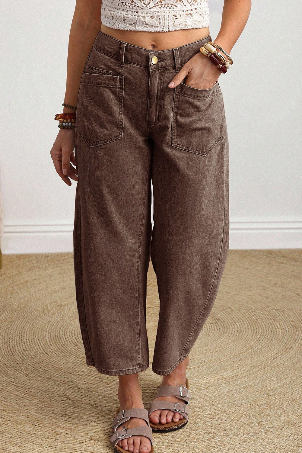 Beau Blue Solid Color Square Patch Pocket Ankle-length Barrel Jeans