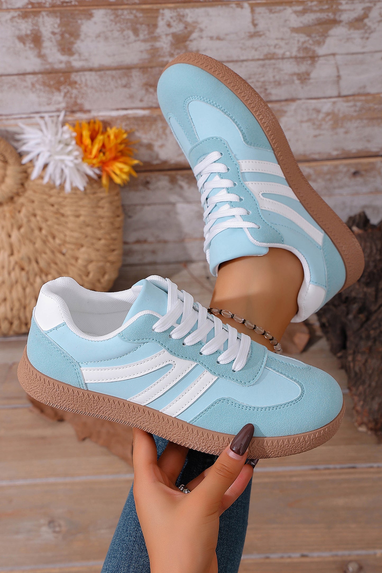 Dusk Blue Faux Suede PU Leather Color Block Patchwork Lace-up Shoes