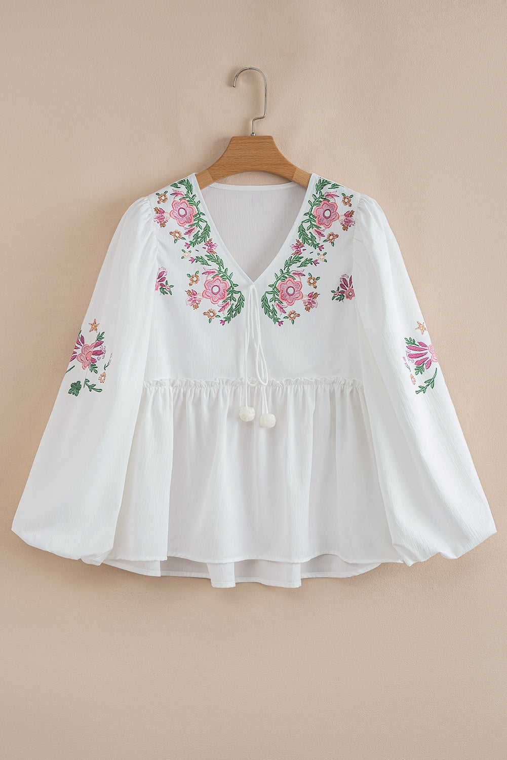 White Flower Lace-up V Neck Flowy Babydoll Blouse