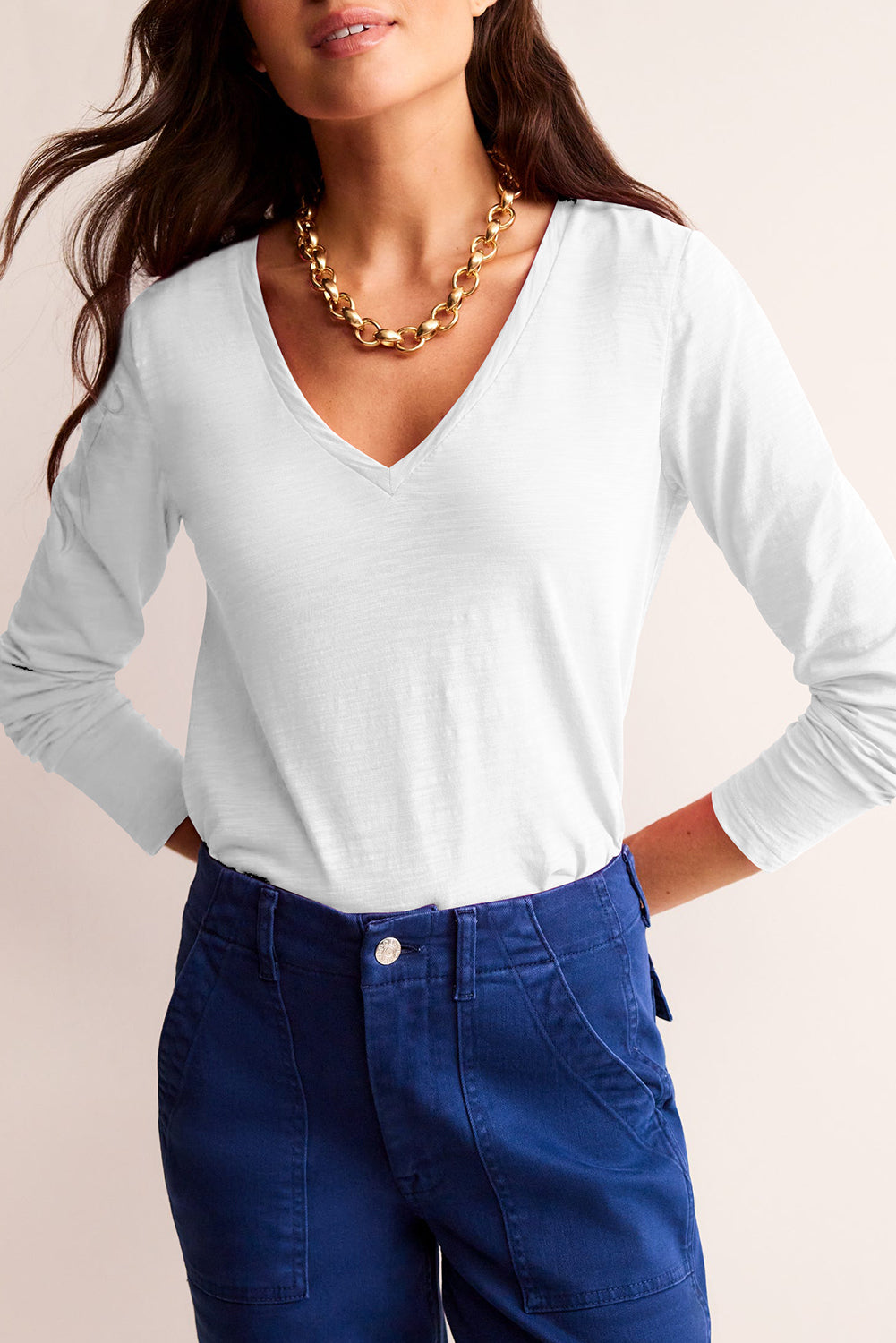 White Plain V Neck Long Sleeve Top