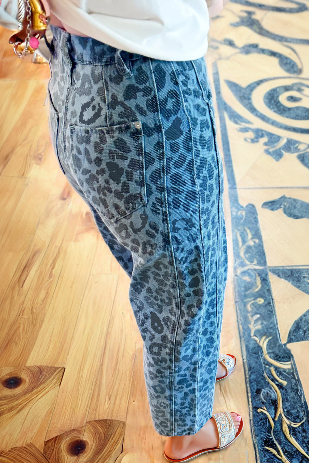 Sky Blue Leopard Print Straight Loose Jeans