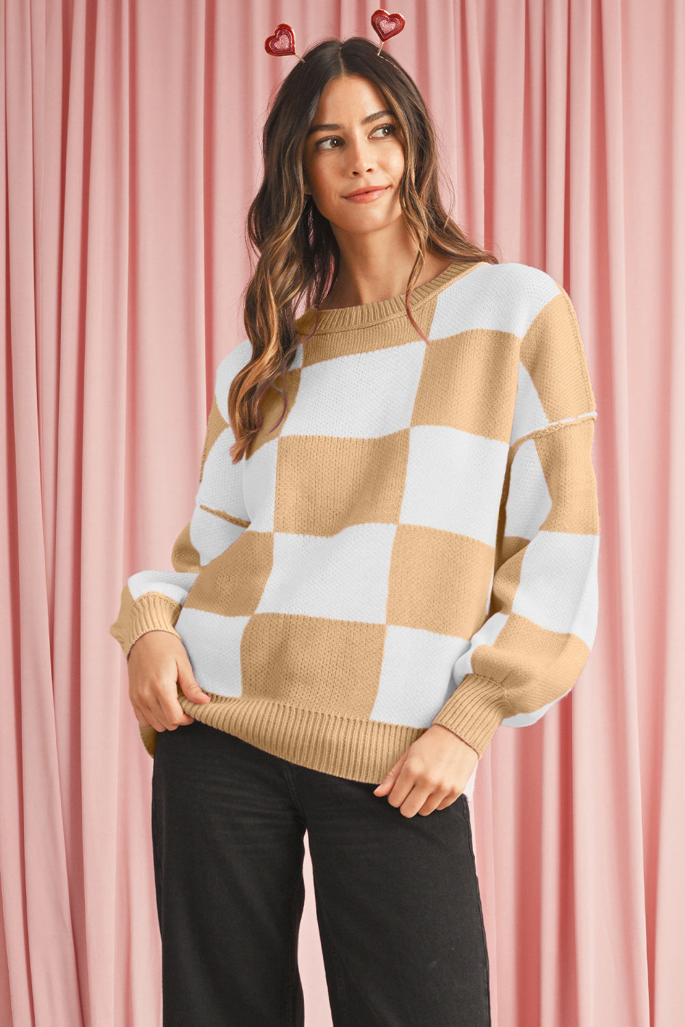 Pink Checked Bishop Sleeve Pullover Sweater
