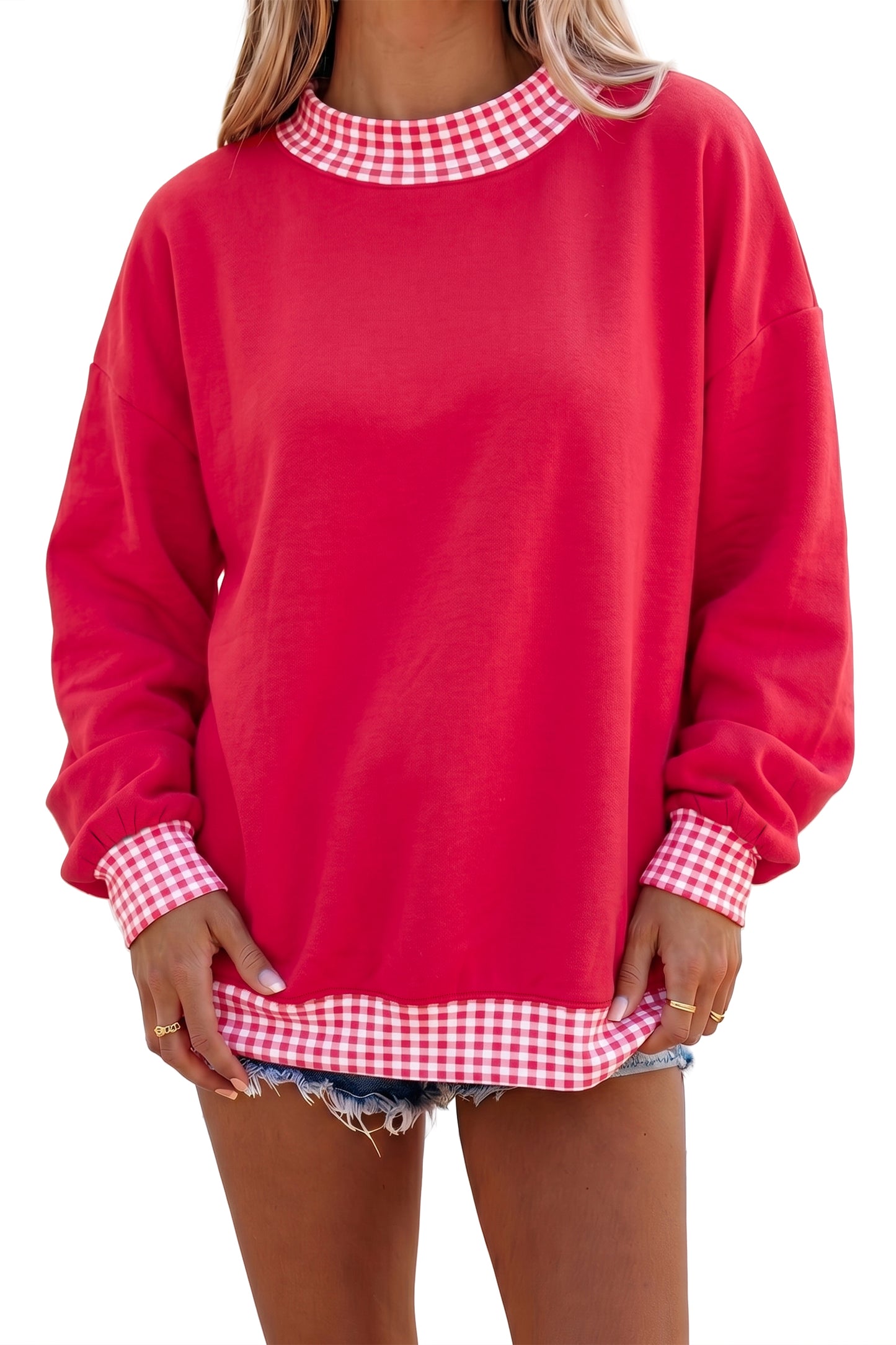 Racing Red Colorblock Polka Dot Contrast Trim Oversized Sweatshirt