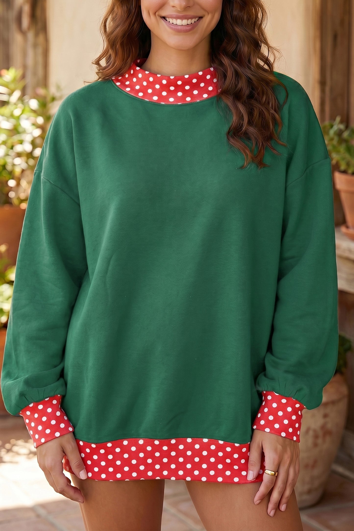 Racing Red Colorblock Polka Dot Contrast Trim Oversized Sweatshirt