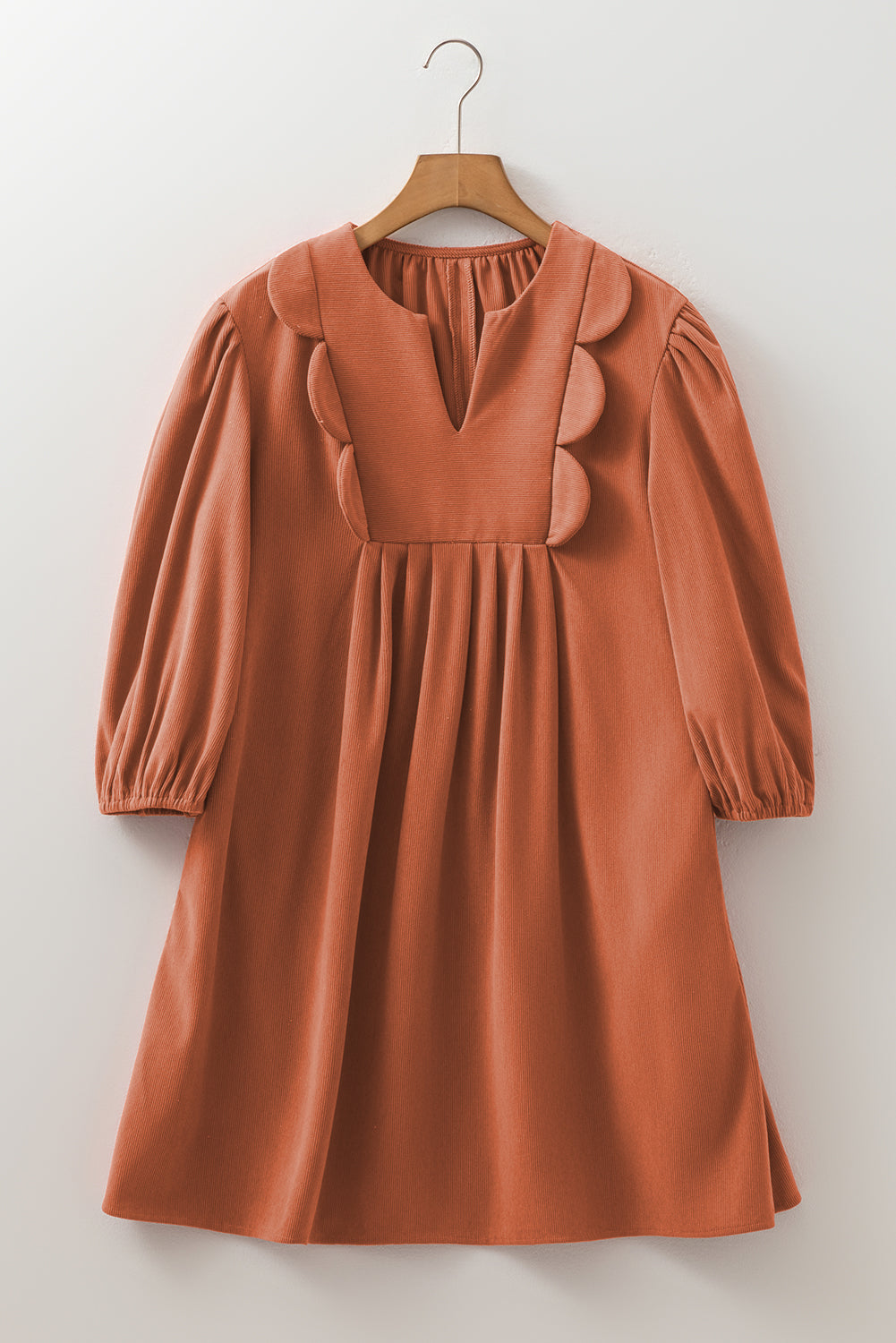 Cinnamon Split Neck Scallop Detail Pleated Corduroy Mini Dress