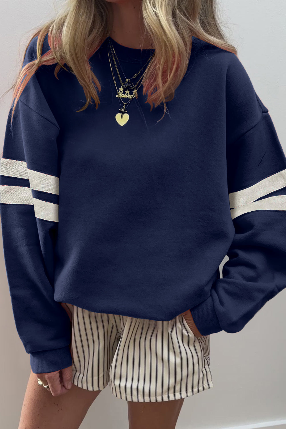 Black Preppy Striped Sleeve Loose Sweatshirt