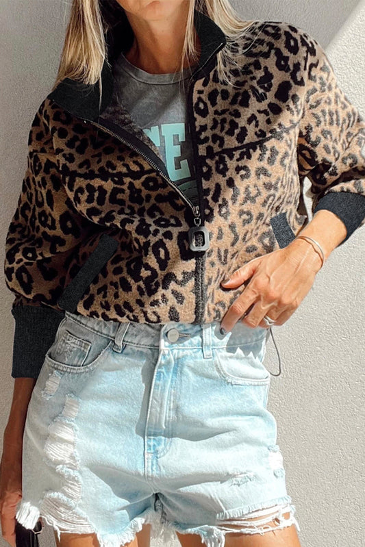 Khaki Leopard Print Zip Up Stand Neck Side Pocket Jacket