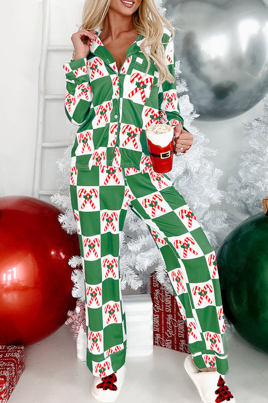 Green Candy Cane Checkered Pattern Christmas Pajama Set