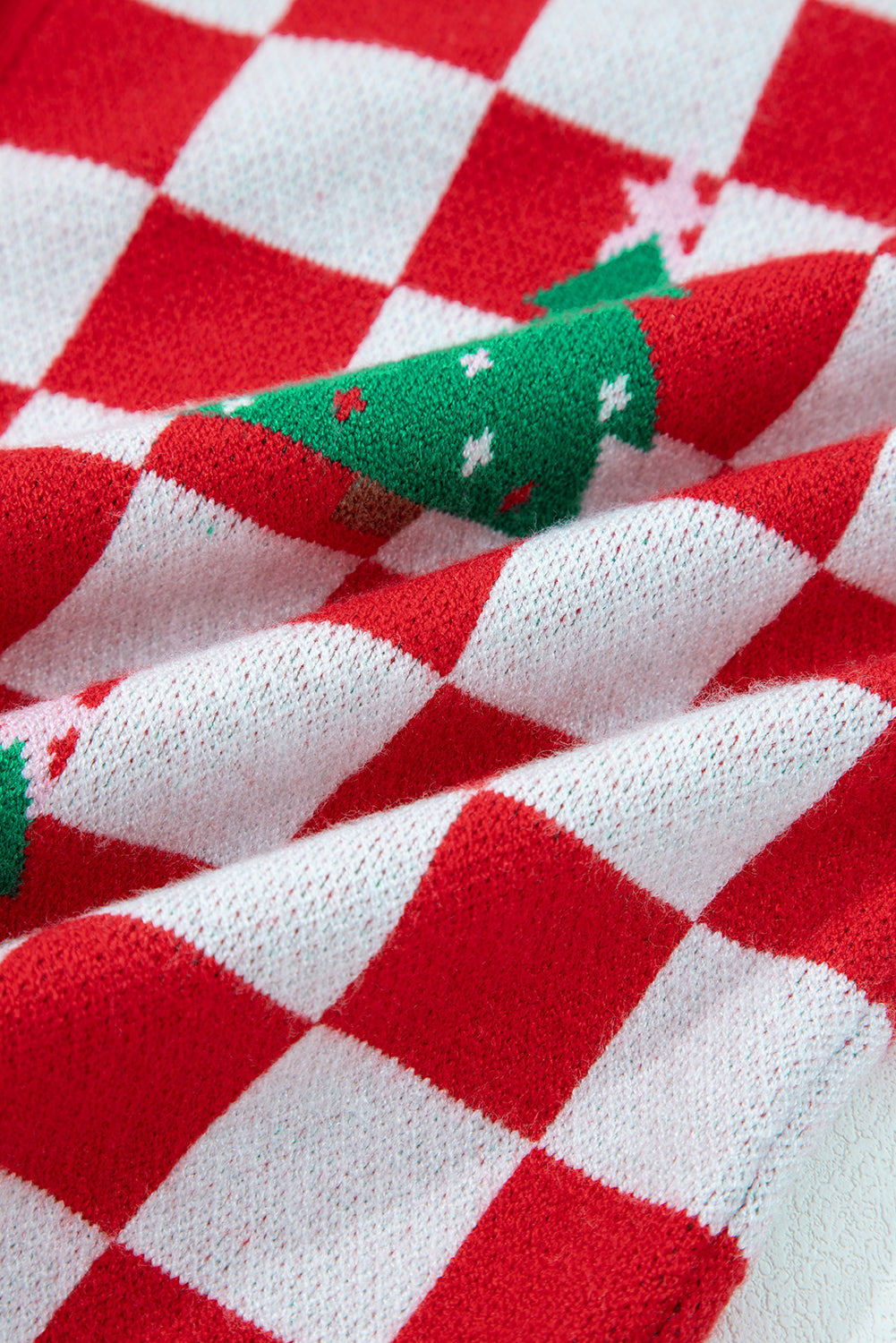 Red Checkered Christmas Tree Pattern Button V Neck Knit Cardigan