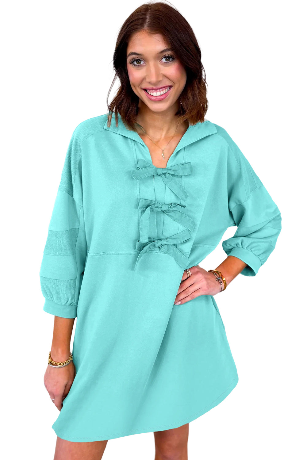 Moonlight Jade Bow Front Patchwork Bracelet Sleeve Mini Dress