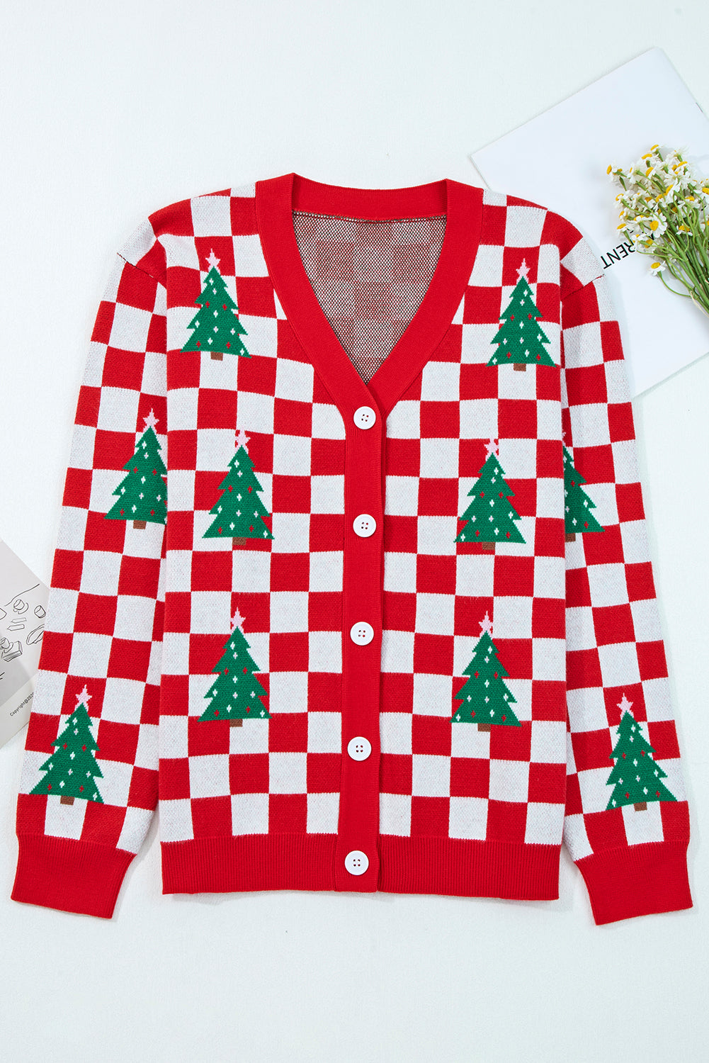 Red Checkered Christmas Tree Pattern Button V Neck Knit Cardigan