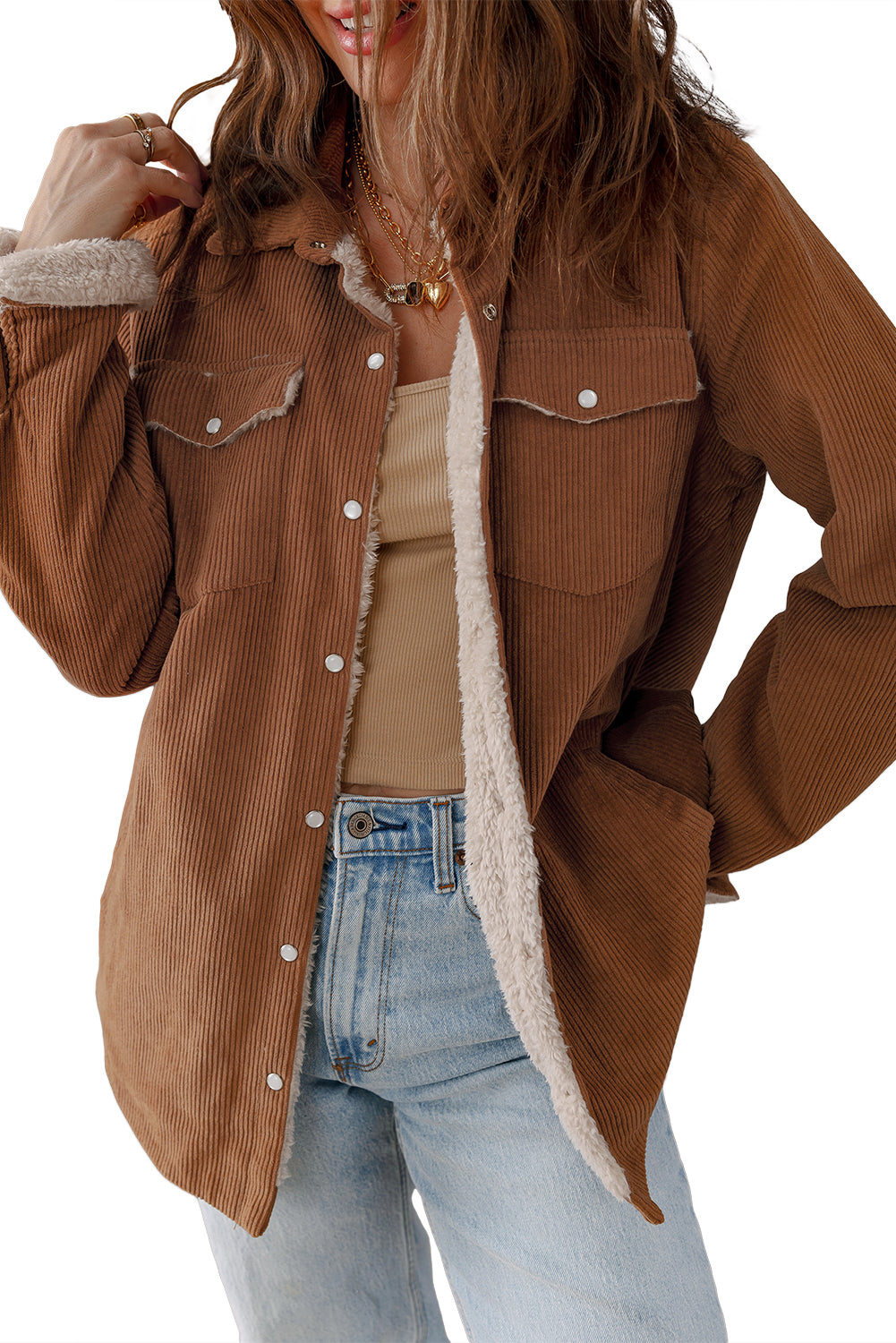 Cinnamon Fleece Lined Buttoned Flap Pockets Corduroy Jacket