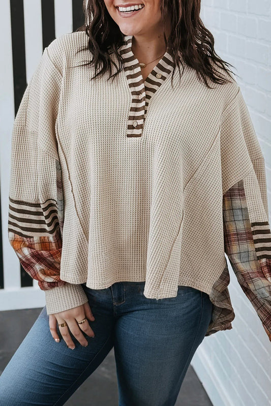 Parchment Plus Size Waffle Striped Plaid Patchwork Henley Pullover