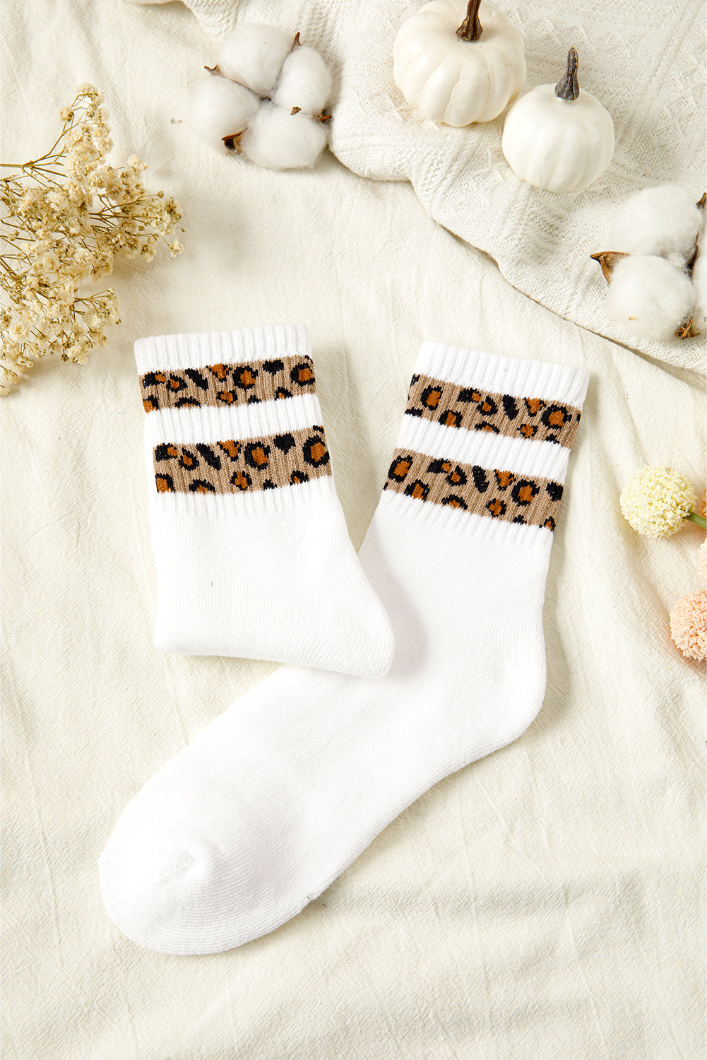 White Leopard Double Stripe Crew Socks