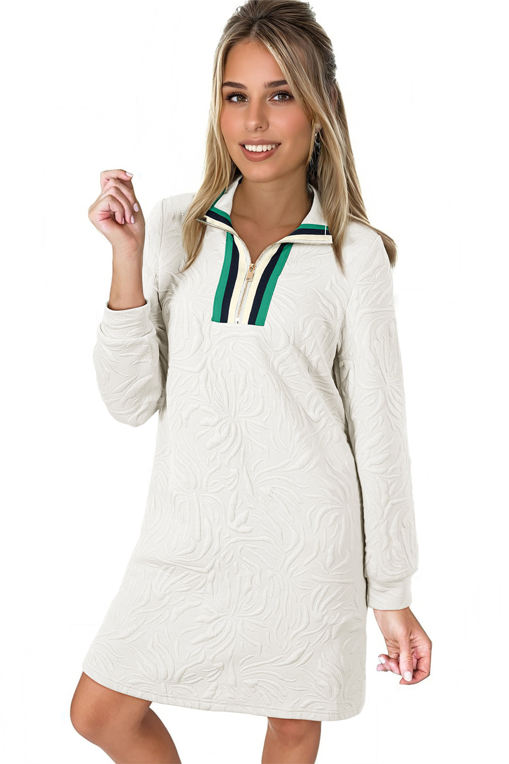 White Pop of Color Neckline Textured Mini Dress