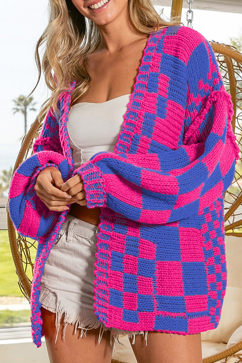 Smoke Gray Colorblock Checked Open Front Knitted Cardigan