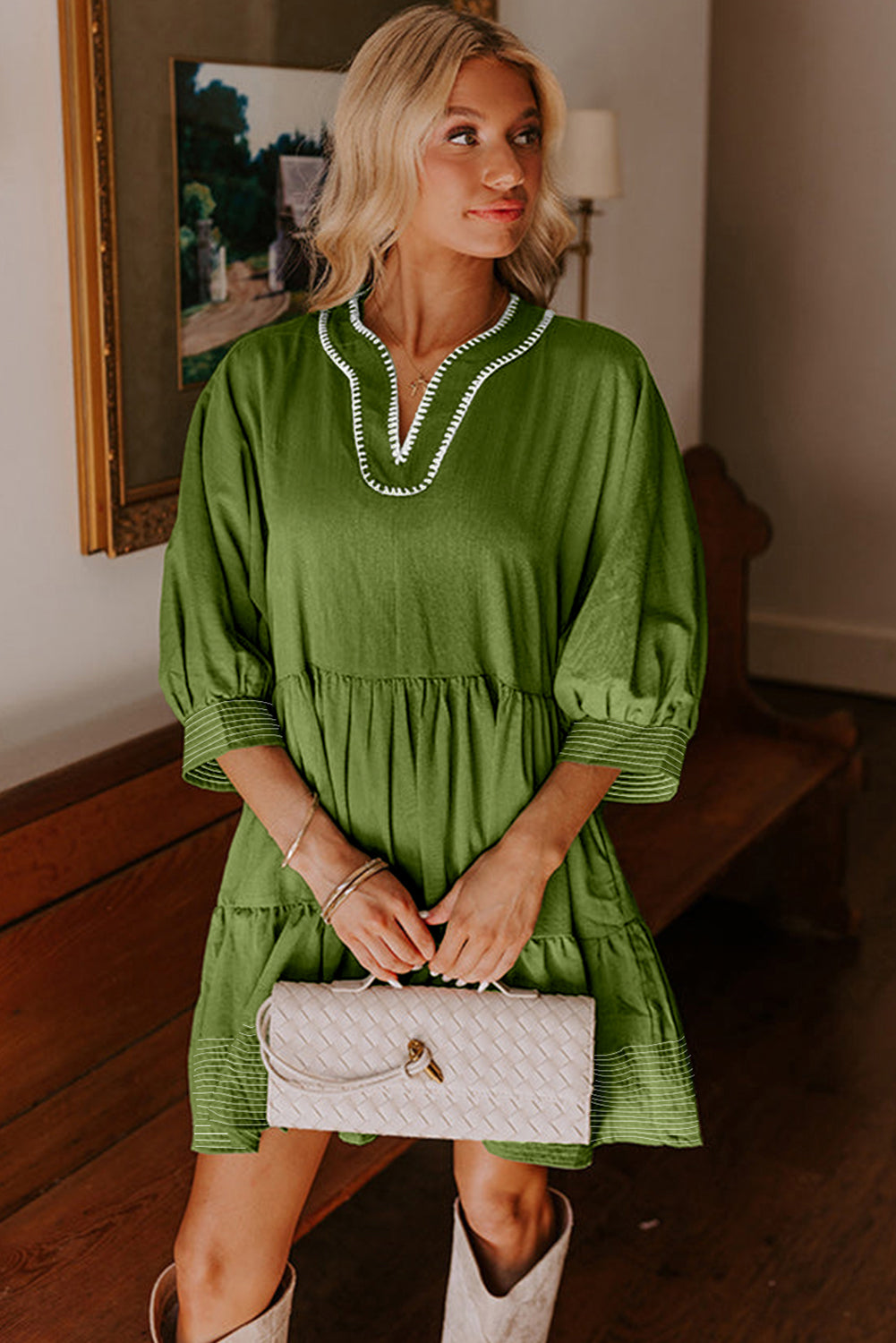 Black Contrast Stitched V Neck 3/4 Sleeve Swing Mini Dress