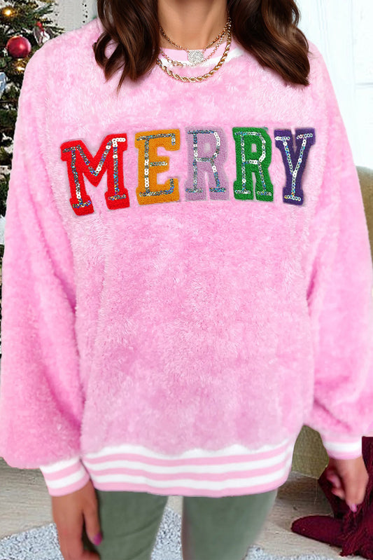Sachet Pink Merry Letter Pattern Plush Pullover