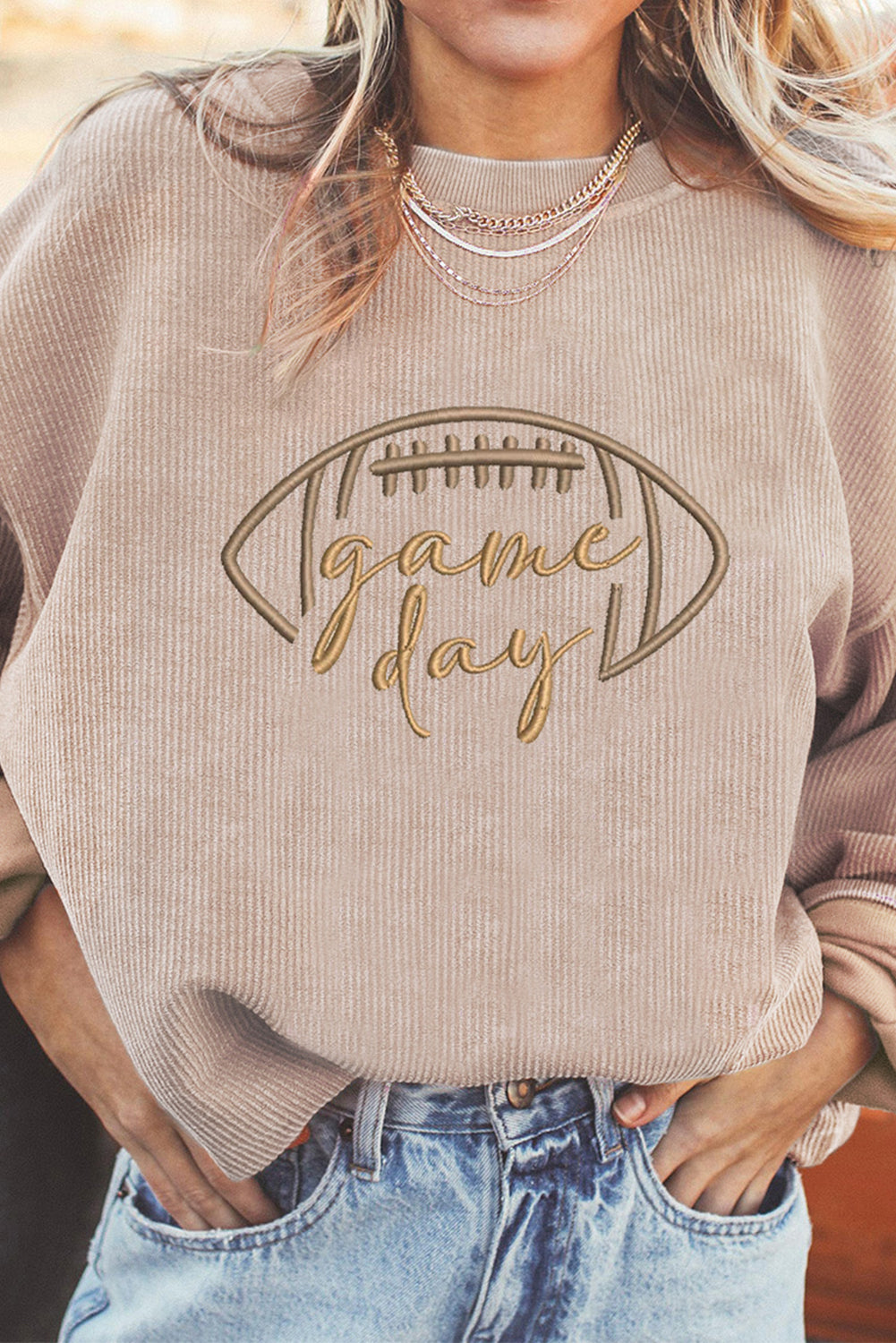 Apricot Football Graphic Drop Shoulder Game Day Corded Sweatshirt