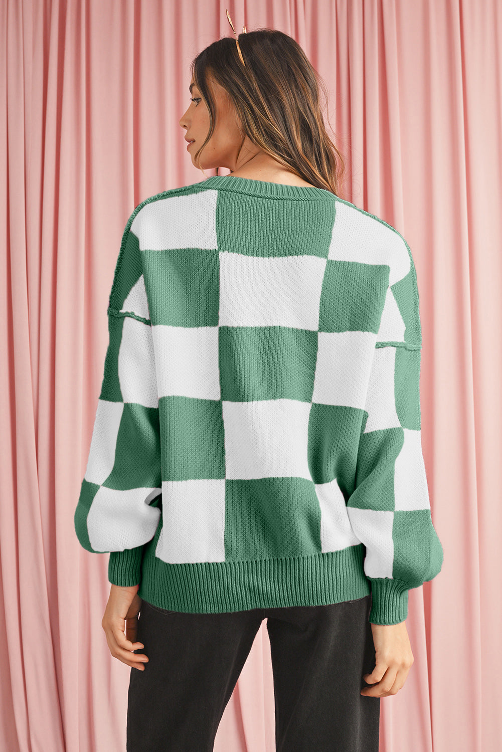 Pink Checked Bishop Sleeve Pullover Sweater