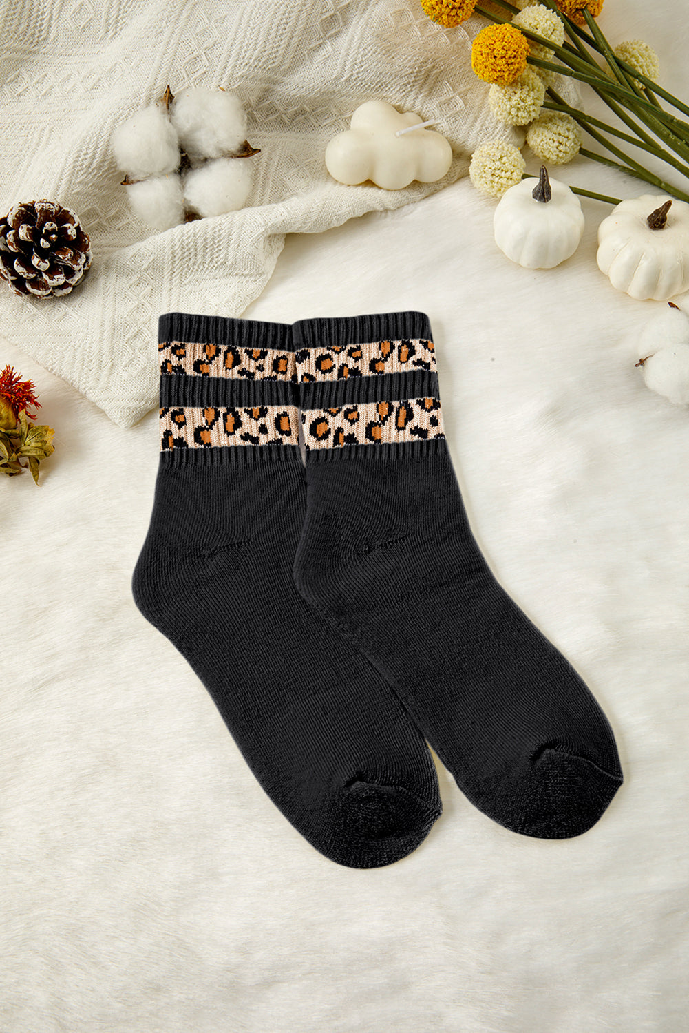 White Leopard Double Stripe Crew Socks
