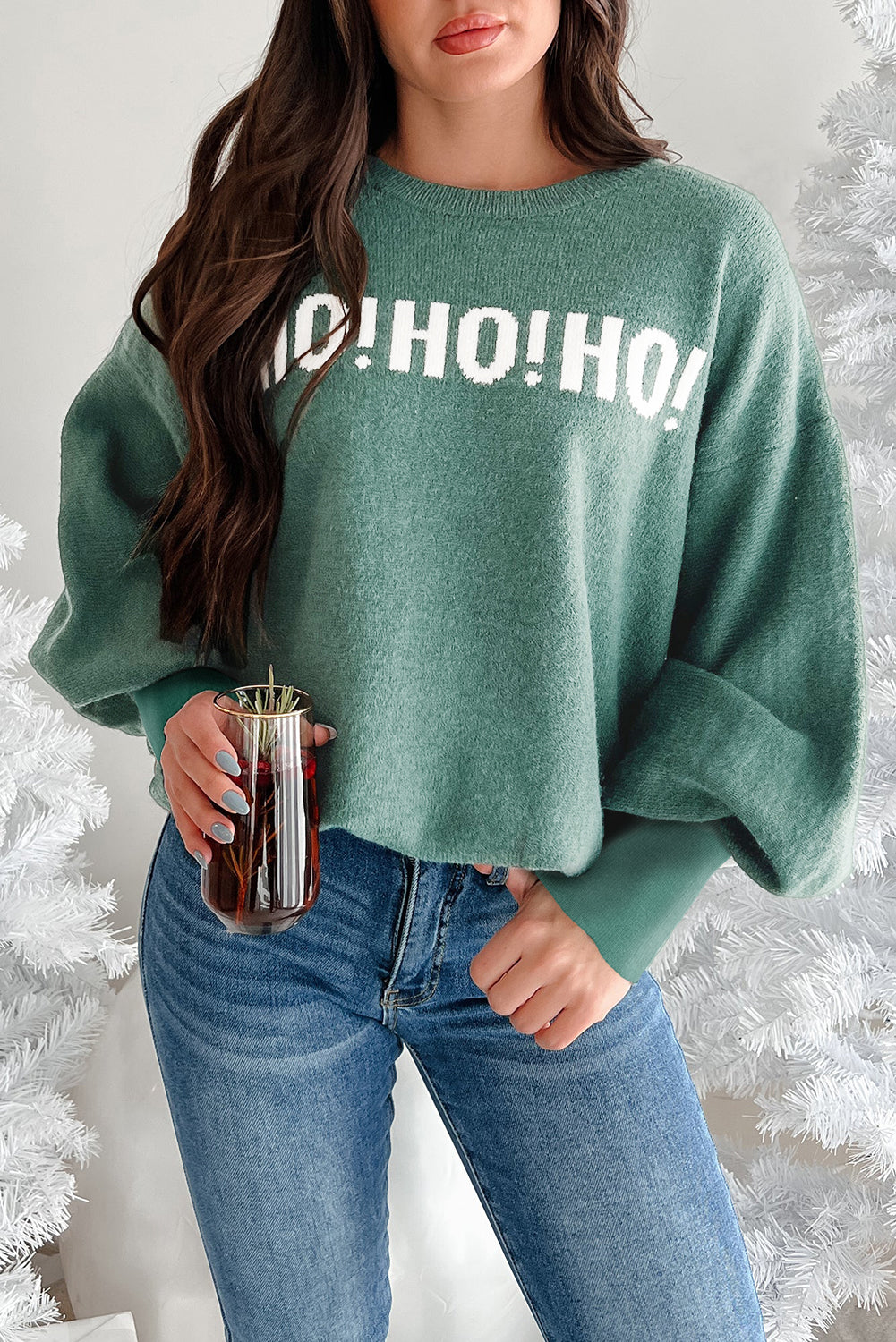 Green MERRY CHRISTMAS HO HO Loose Sweater