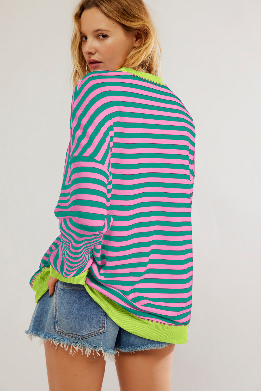 Sky Blue Striped Contrast Trim Drop Shoulder Sweatshirt