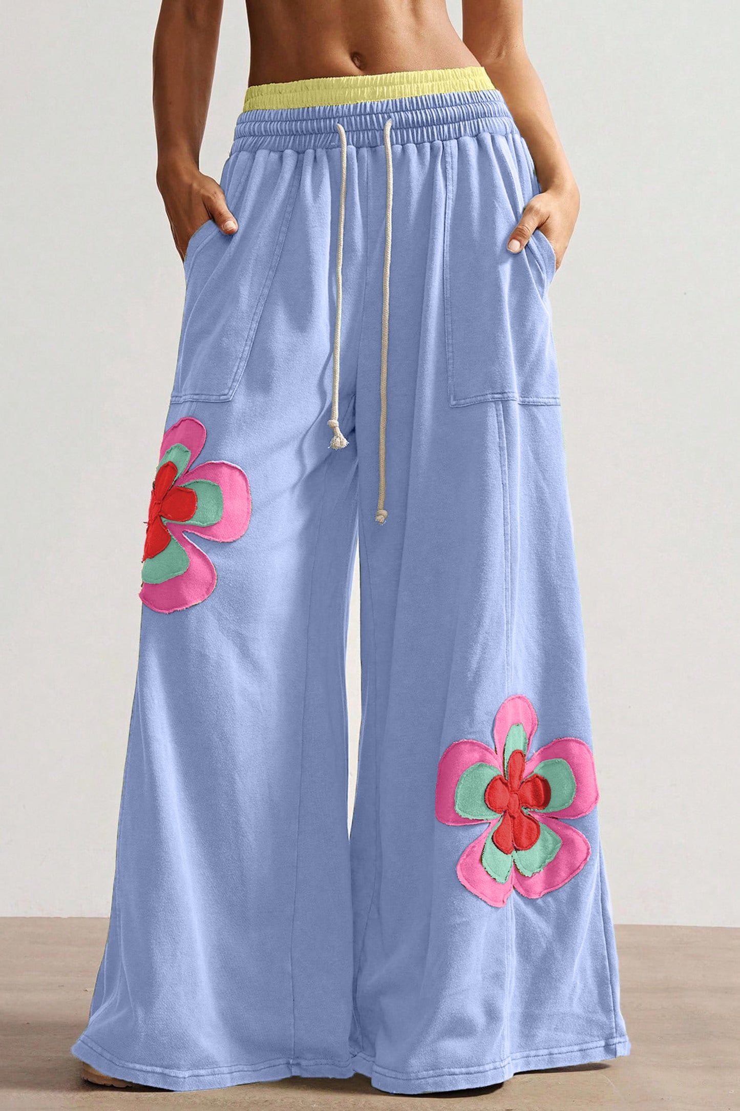 Block Flower Patchwork Drawstring Contrasted Elastic Waist Wide Leg Pants