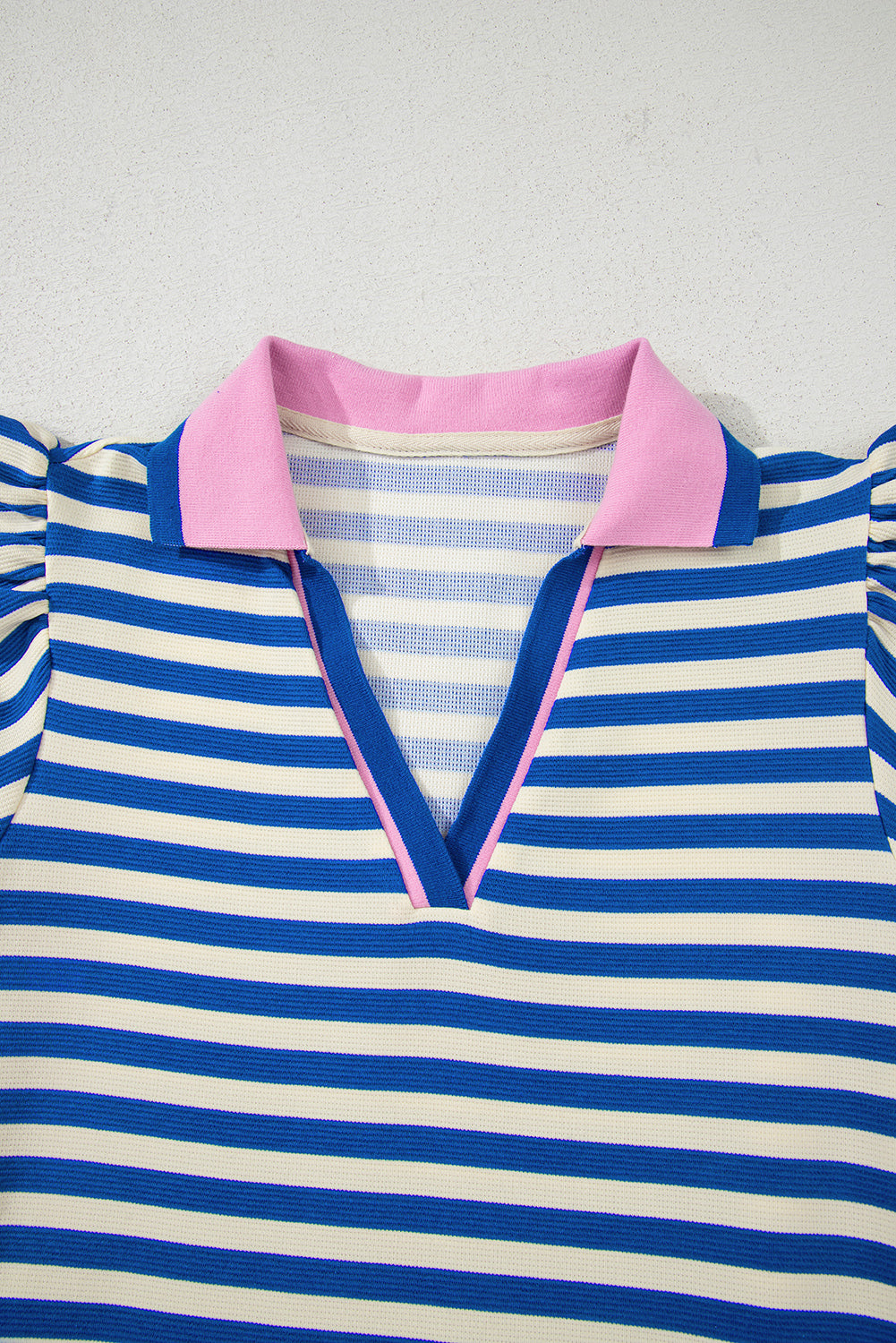Dark Blue Striped Ruffle Short Sleeve Pop of Color Neckline Dress