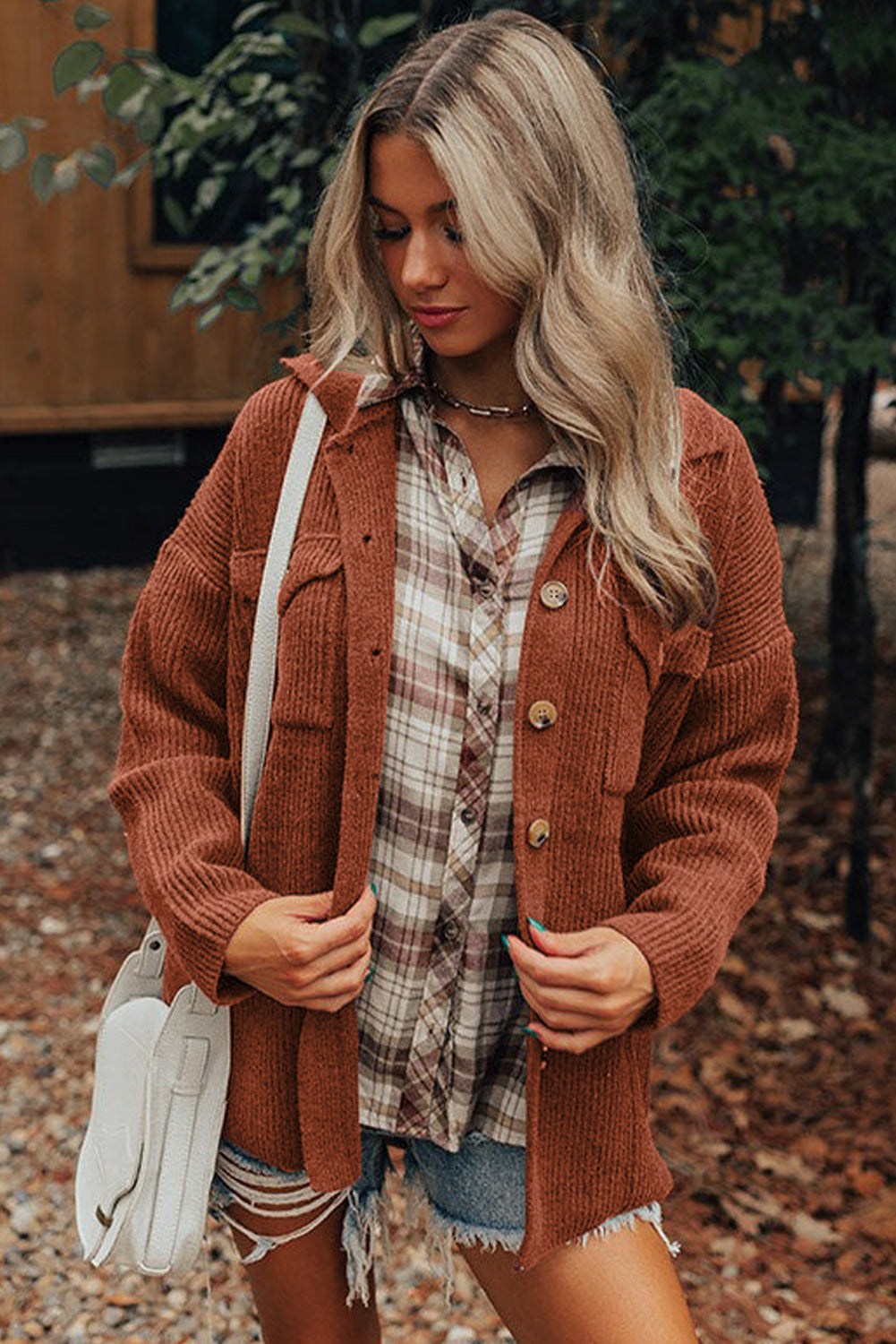 Red Sandalwood Ribbed Knit Buttons Front Flap Pocket Casual Shacket