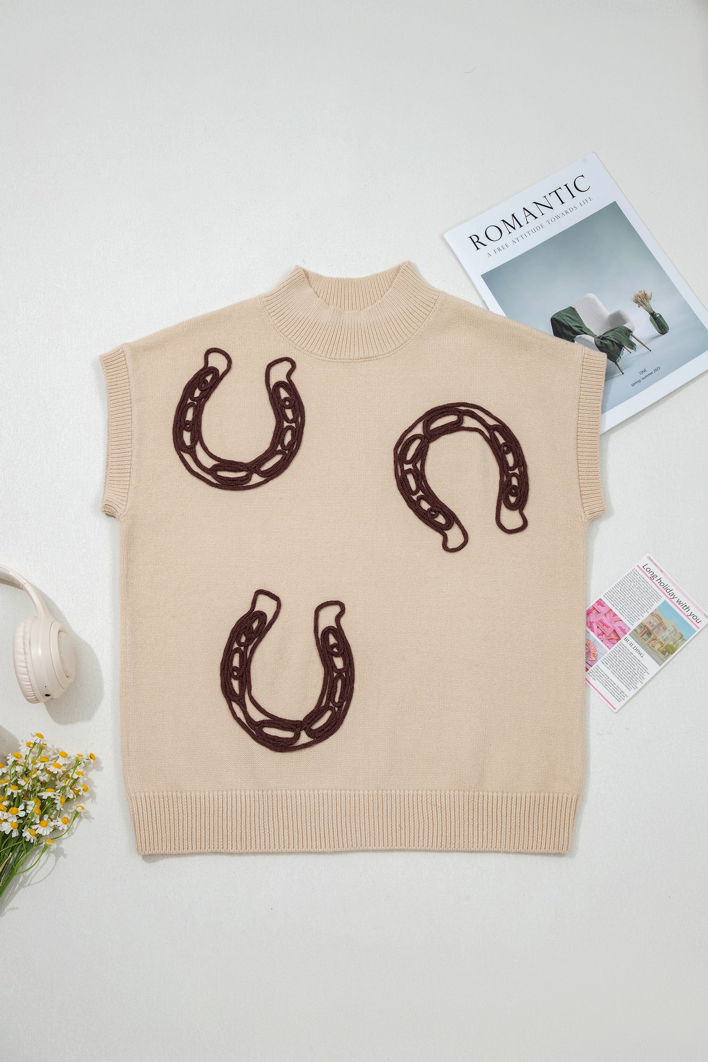 Bright Corded Horseshoes Ribbed Trim Mock Neck Short Sleeve Sweater