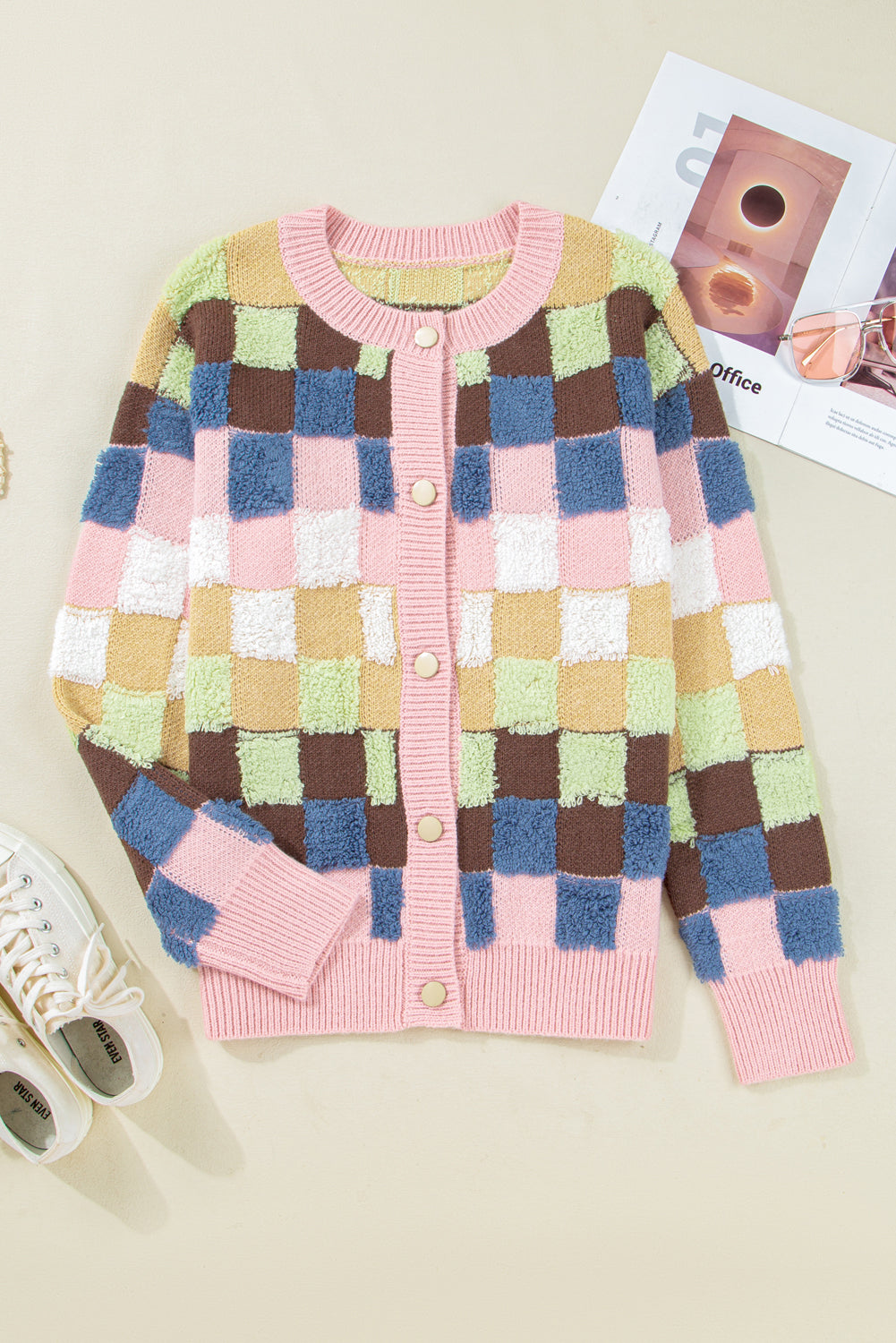 Multicolour Checkered Pattern Button Front Knit Cardigan