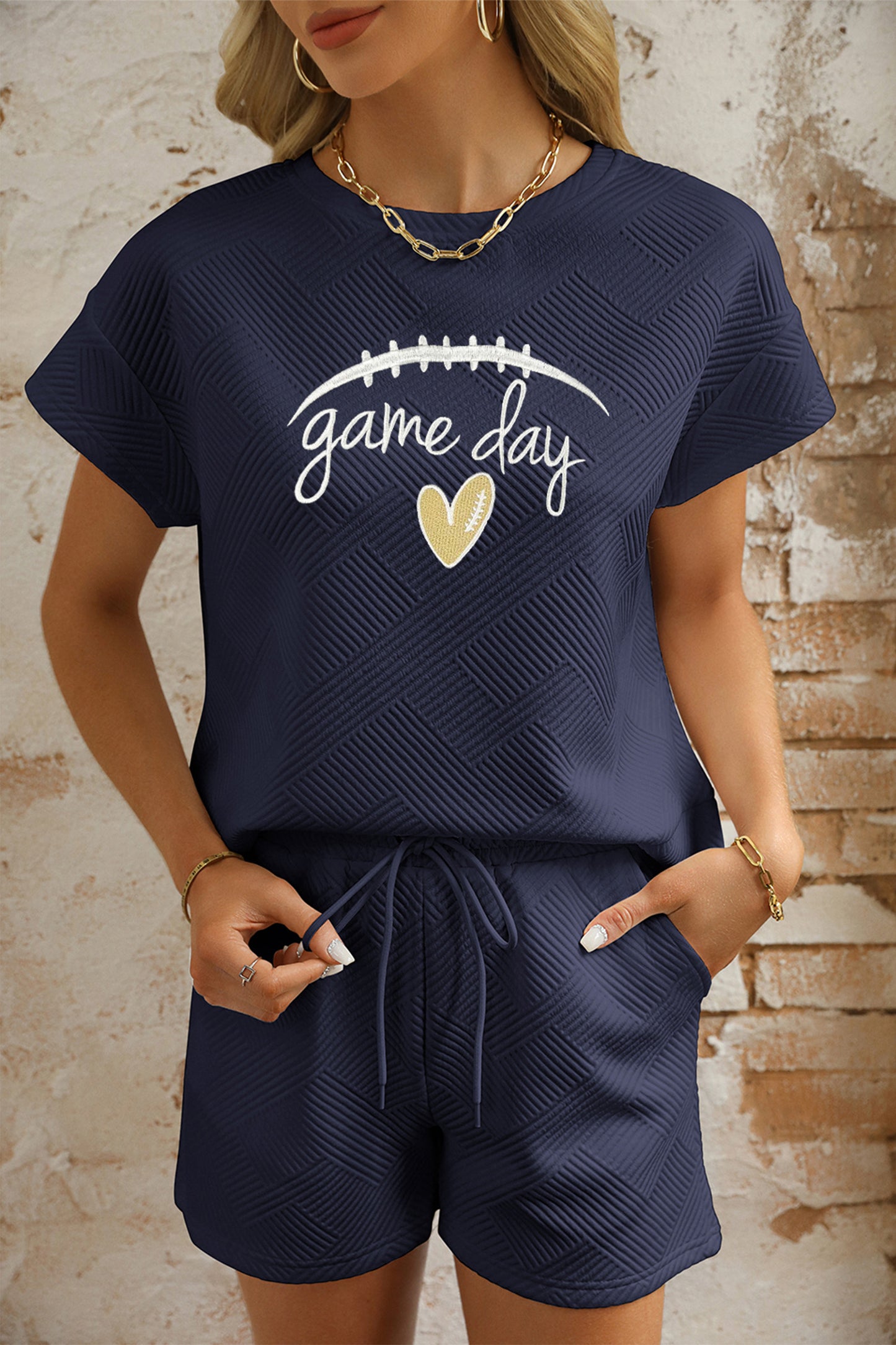 Navy Blue Stylish Textured Game Day Embroidered Two Piece Shorts Set