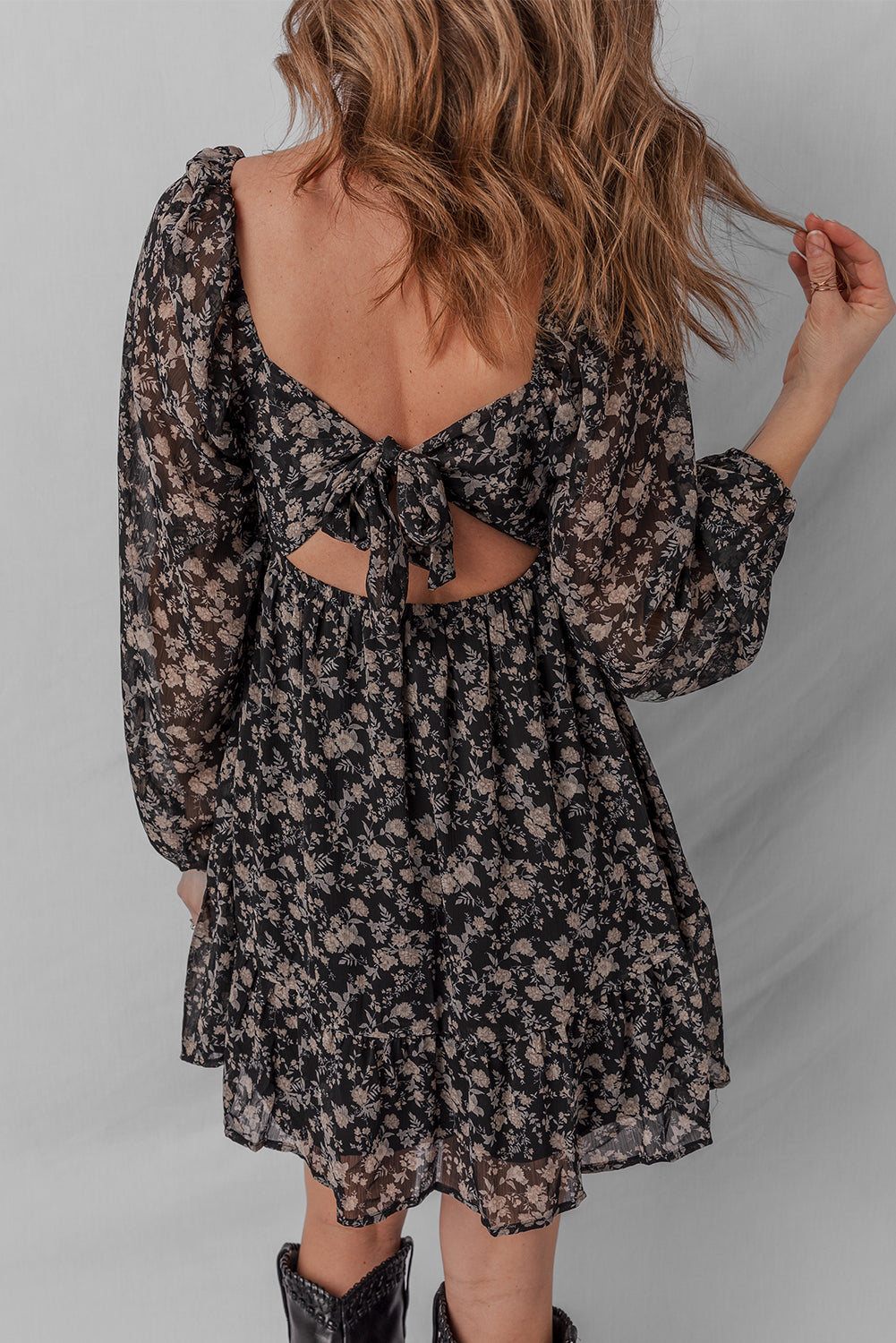 Black Floral Long Sleeve Frilly Shirred Square Neck Mini Dress