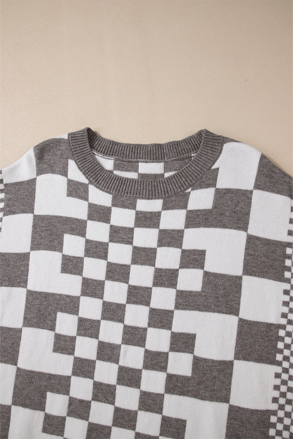 Brown Checkered Drop Shoulder Round Neck Sweater