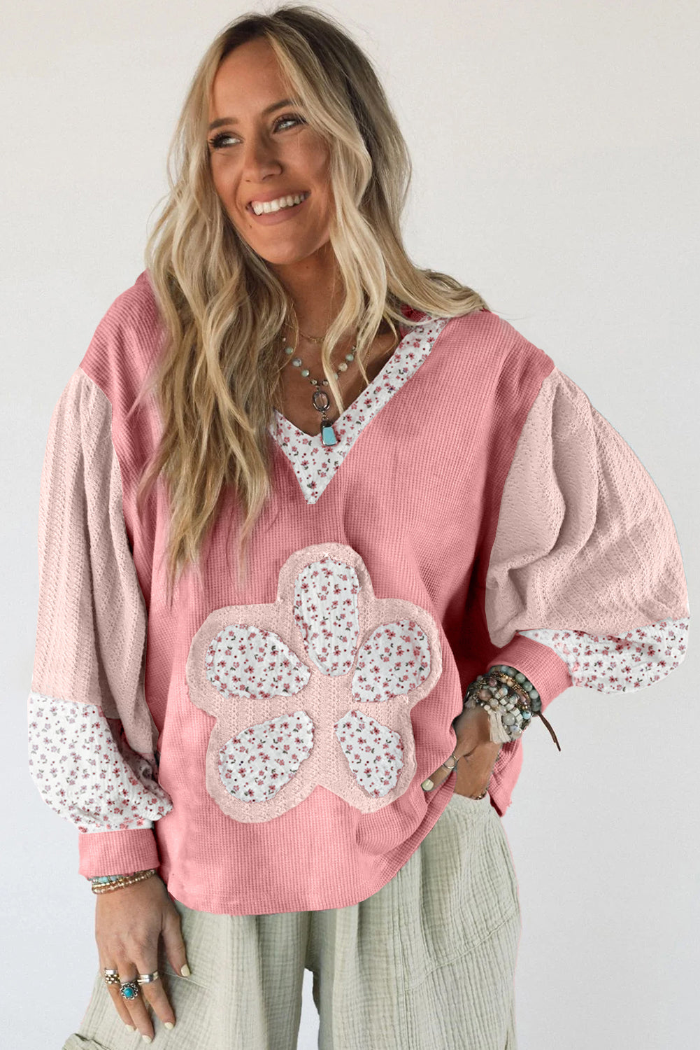 Pink Floral Textured Colorblock Patchwork Lantern Sleeve Hooded Top