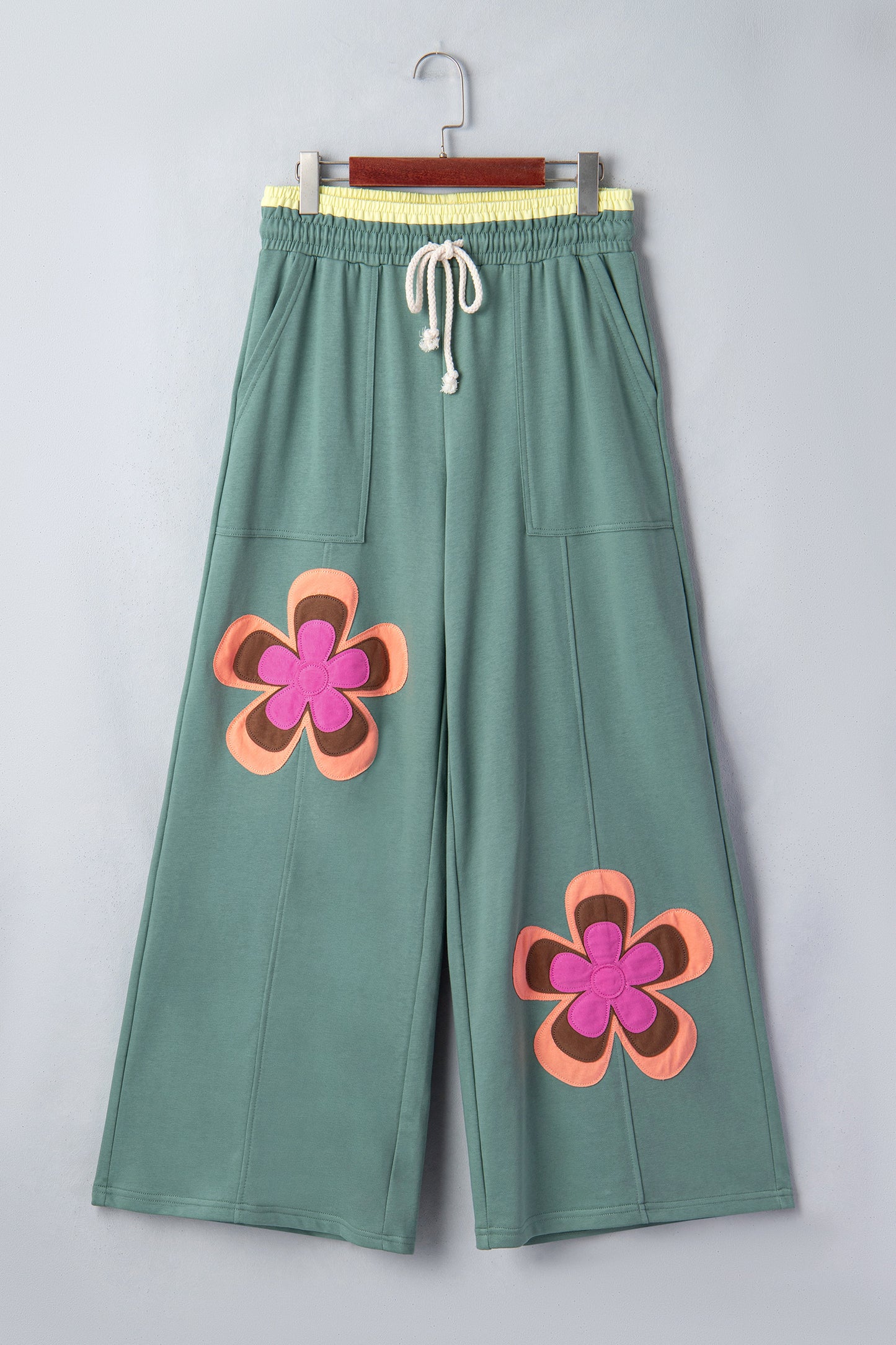 Block Flower Patchwork Drawstring Contrasted Elastic Waist Wide Leg Pants