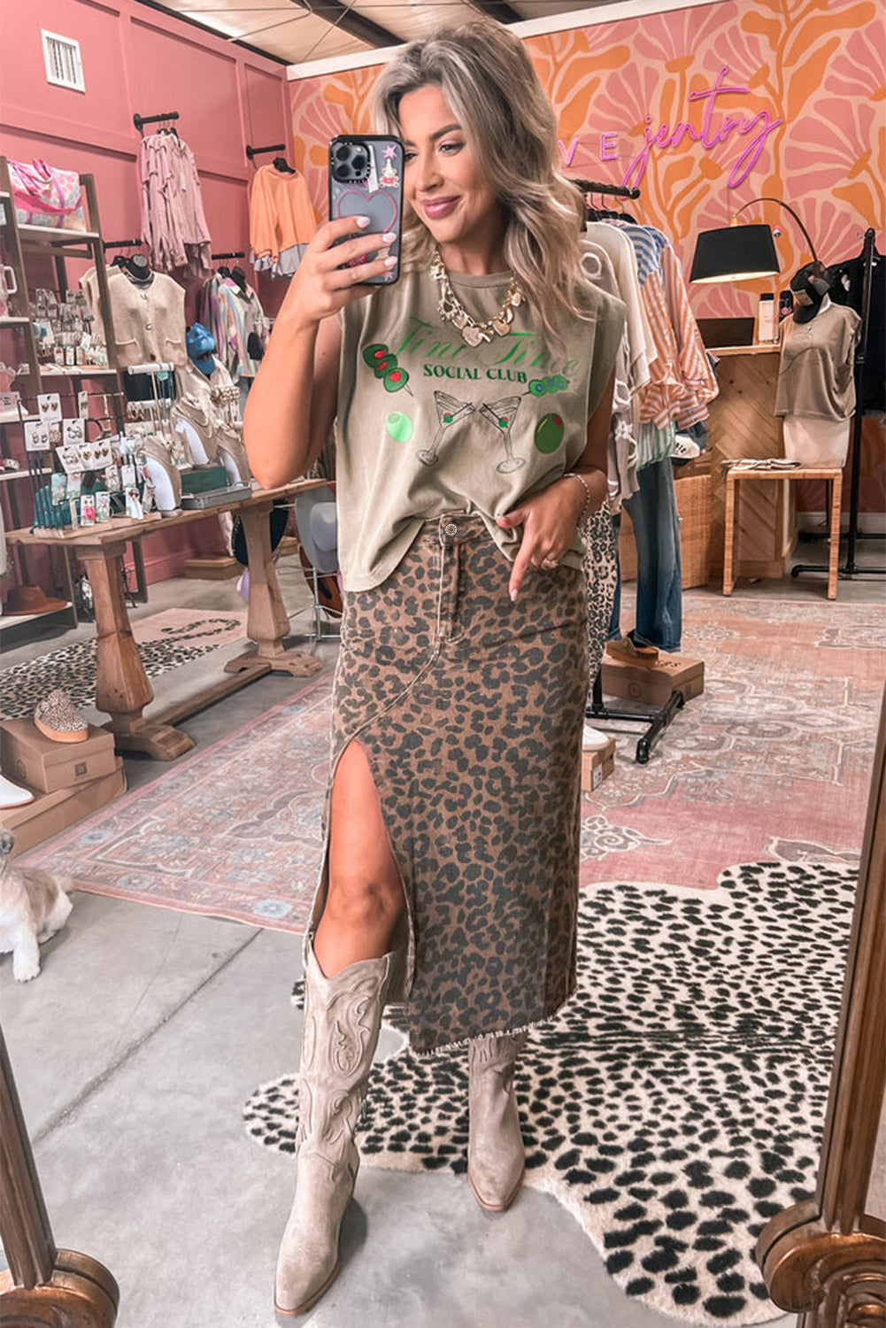 Brown Leopard Frayed Split Denim Midi Skirt