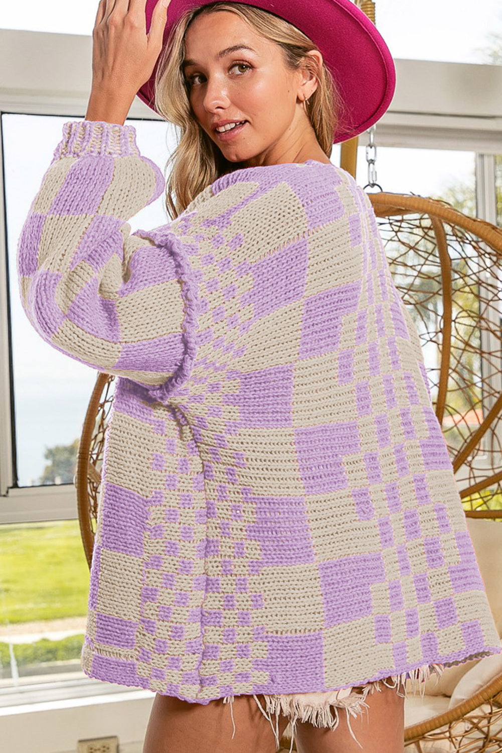 Smoke Gray Colorblock Checked Open Front Knitted Cardigan