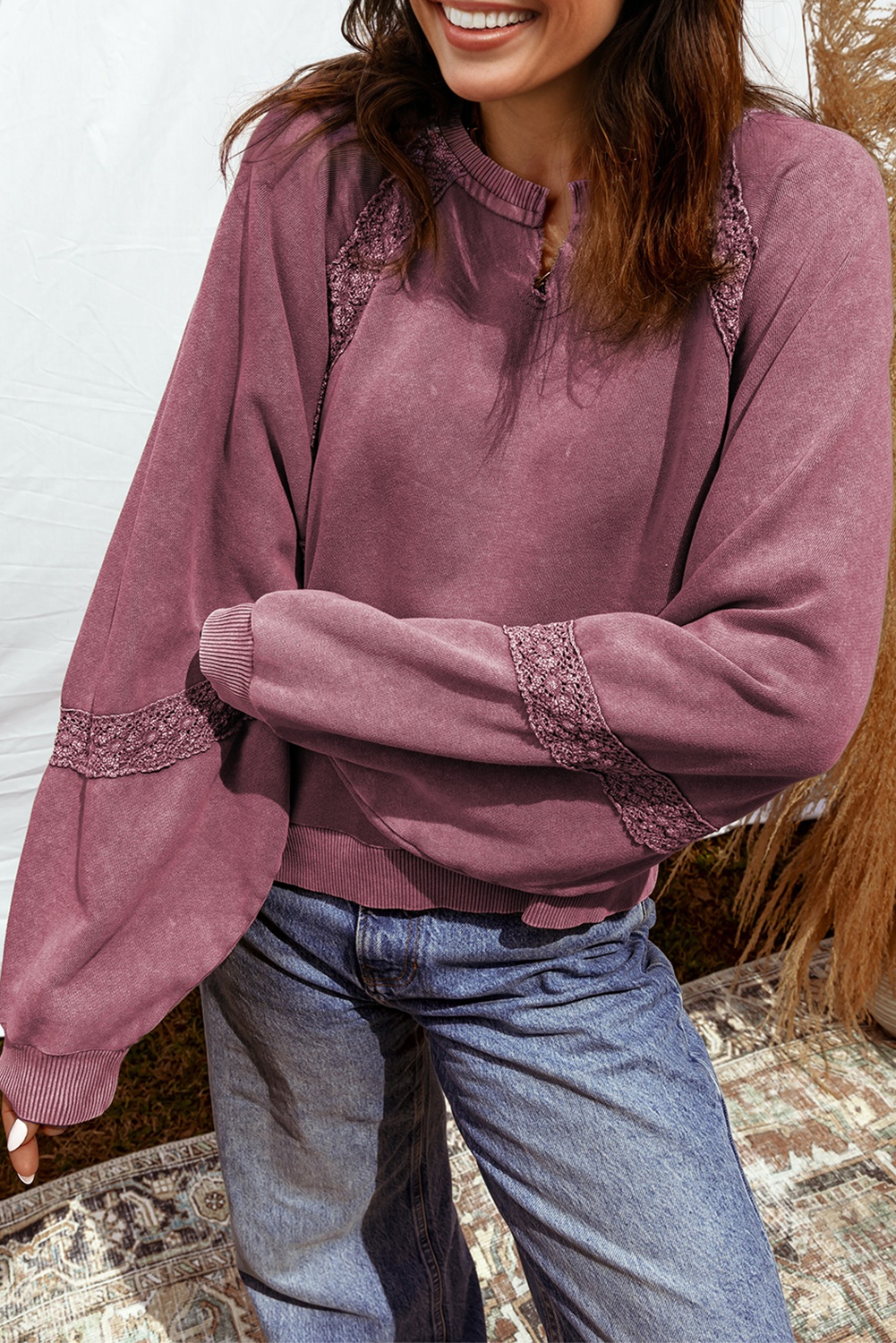 Sail Blue Lace Applique Notched Neck Mineral Wash Baggy Sweatshirt