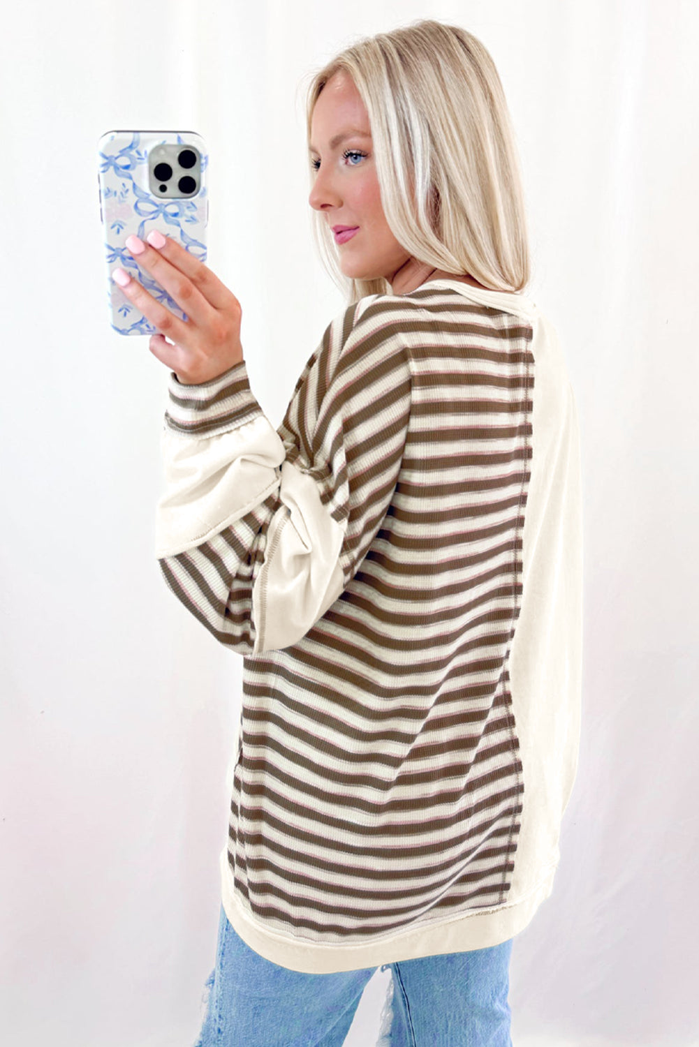 Khaki Striped Patchwork Oversized Pullover Top
