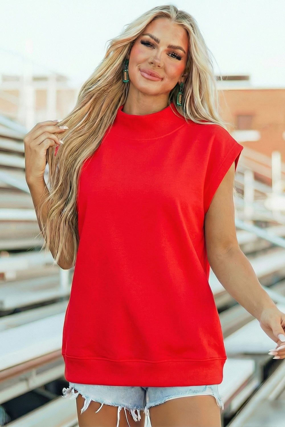 Black Solid Color High Neck Cap Sleeve Loose Top